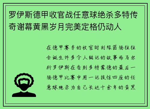 罗伊斯德甲收官战任意球绝杀多特传奇谢幕黄黑岁月完美定格仍动人
